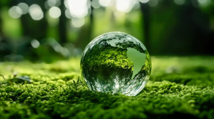 Crystal globe glass on green moss in forest to protect nature Save and care World for sustainable