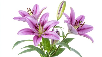 Obraz premium Vibrant pink lilies in full bloom surrounded by lush green leaves against a bright white background