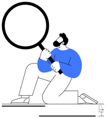 Person kneeling with a large magnifying glass symbolizing focus, analysis, and investigation. Ideal for themes of research, strategy, discovery, curiosity, understanding, problem-solving flat simple