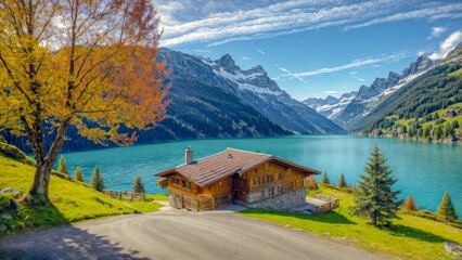 Fototapeta premium Picturesque Chalet by Turquoise Mountain Lake in Vibrant Autumn Colors.