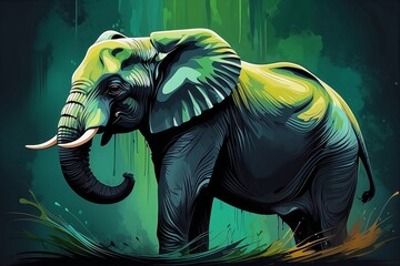 Vibrant elephant standing majestically against a dark green background with artistic textures 