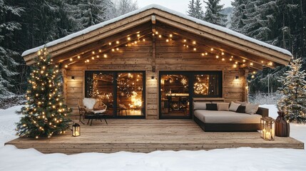 Fototapeta premium Cozy winter cabin in snowy forest