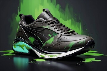 Stylish athletic sneaker with a sleek design and vibrant green accents on a dark background 