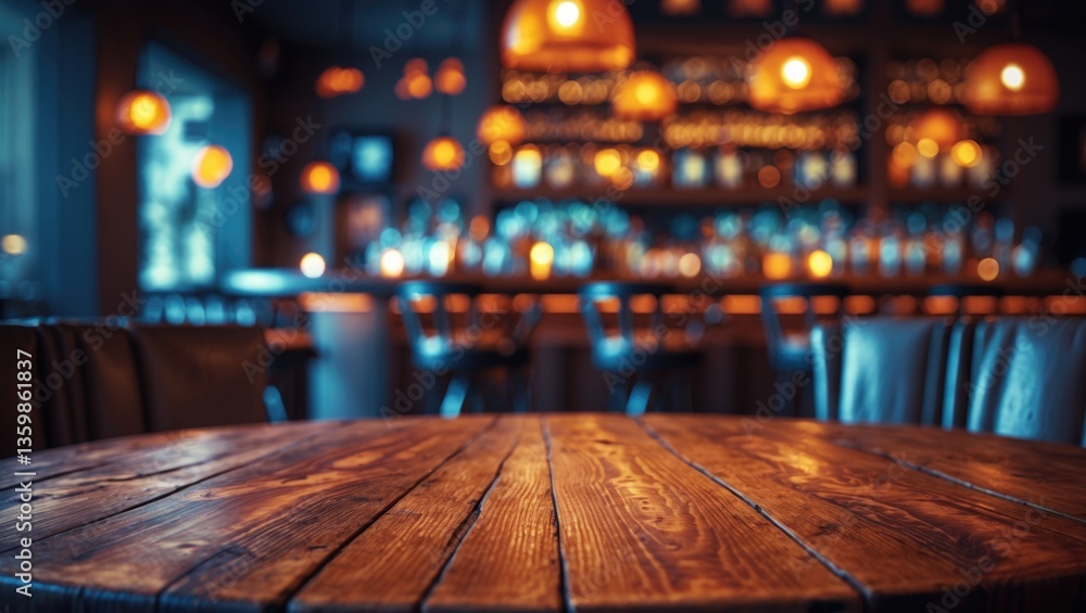 Poster a detailed view of a rustic wooden tabletop featuring a blurred background of a softly illuminated i