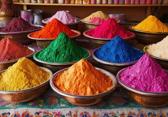 Vibrant Display of Colorful Powders and Dyes in Traditional Bowls at an Artisan Market for Cultural Festivals and Creative Crafts