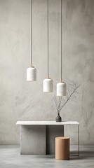 Modern pendant lights over a marble table