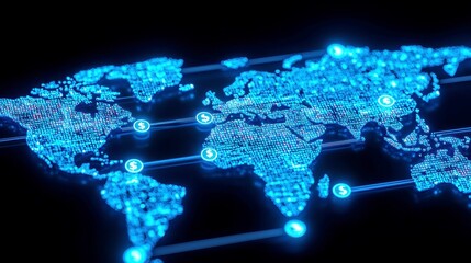 Futuristic Global Money Transfer Network, interconnected blue transaction pathways on a glowing digital world map, illuminated currency icons, sleek professional design, modern finance representation