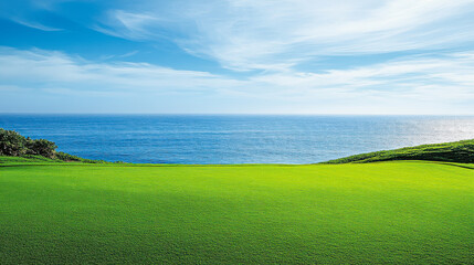 Obraz premium Beautiful green grass lawn with a blue sky and sea background