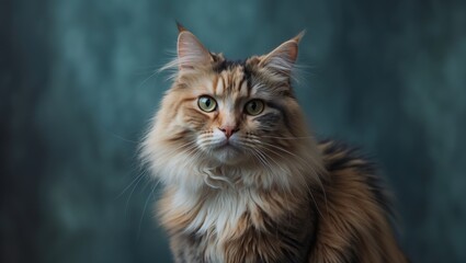 A fluffy cat with a slightly off-center expression is presented against a background. A long-haired female calico or tortie cat is giving an interested look. A pet's color with text space. Focus, a...
