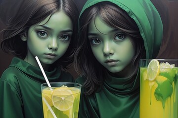 Two girls with serious expressions selling lemonade drinks on a colorful background 