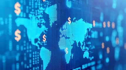 Obraz premium Futuristic Global Finance Network, intricate digital representation of interconnected financial hubs, glowing dots, bright transaction pathways, currency symbols illustrating global connectivity