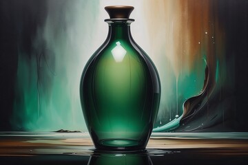 Green glass bottle with a wooden cork against an artistic colorful background 