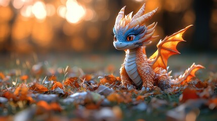 Cute dragon in autumn leaves