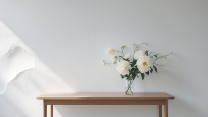 interior with a white wall featuring flowers on a table