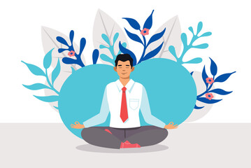Businessman meditating for mindfulness and stress relief. Flat vector illustration