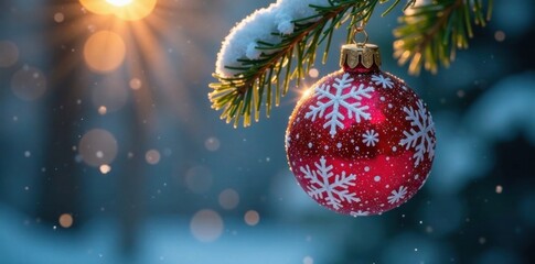 Glittering snowflake orb suspended from tree branch, frosty, icy