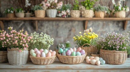Fototapeta premium A charming Easter market stall with baskets filled with pastel eggs, fresh flowers, and light wooden textures. 