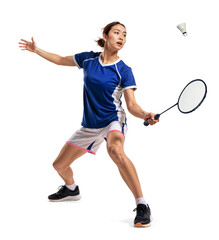 Asian woman playing badminton in dynamic poses holding a badminton racket