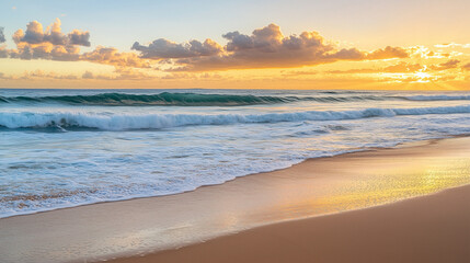 Obraz premium Serene Ocean Sunset with Soft Waves and Golden Reflections