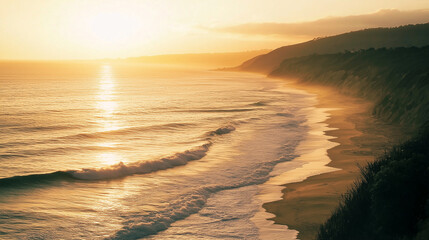 Fototapeta premium Serene Ocean Sunset with Soft Waves and Golden Reflections