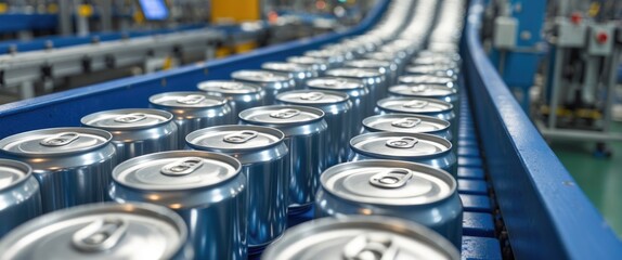 Aluminum beverage cans for drinks travel along a conveyor belt in a large factory. Shallow depth of field.