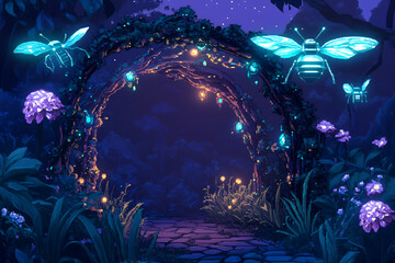 Pixel art futuristic garden trellis with glowing tech-enhanced vines and robotic bees