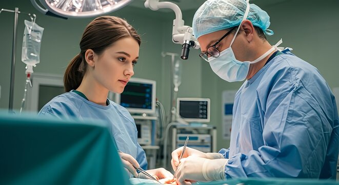 A young student observes a surgeon in the operating room, learning a medical procedure.