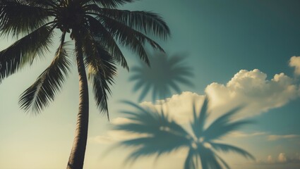 A clear sky and the silhouette of a coconut tree. Filtered in a classic style.