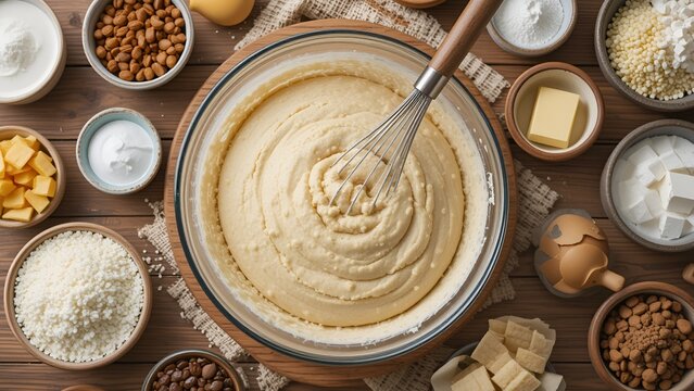 a bowl of batter with various cake ingredients