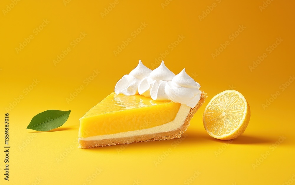 Aufkleber a slice of lemon pie with meringue topping sits on a yellow background, next to a lemon wedge and a 
