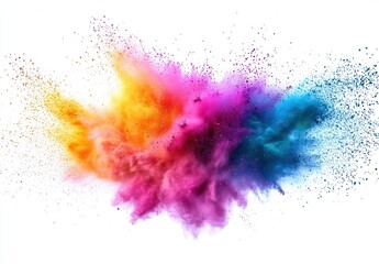 Vibrant Explosion of Colored Powder on White Background Creating an Artistic Display of Motion and Energy with Blue, Orange, Pink and Yellow Hues