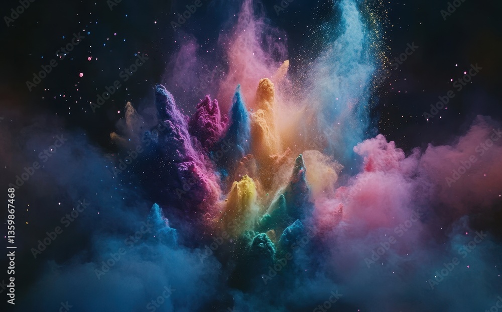 Poster vibrant explosion of colorful dust particles against a dark background creating a cosmic atmosphere 