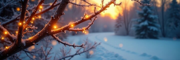 Golden lights and garlands on bare branches amidst a frosty landscape, landscape, frosty