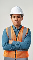 Serious Filipino engineer in protective gear, arms crossed, standing against neutral backdrop for infrastructure or safety concept. Filipino engineer with helmet in neutral background.