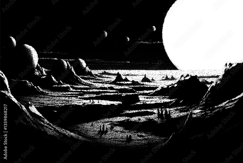 Poster Alien planet landscape in retro dotwork style. Planets and satellites over unknown planet in space. Sci-fi world landscape beyond our galaxy.