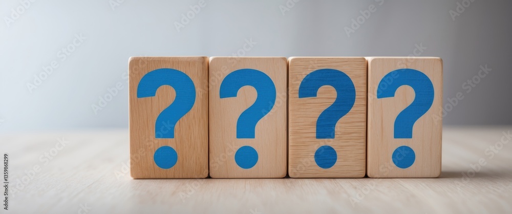 Poster wooden cube blocks arranged on a table featuring the question mark symbol.