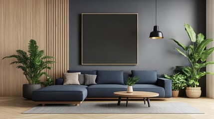 A modern living room design showcases a blue sofa, sleek black pendant light, and gentle wall art against a soft gray backdrop