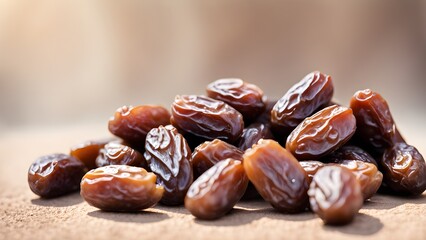 Obraz premium A pile glistening Medjool dates rests a neutral background, showcasing their rich brown color natural sweetness.