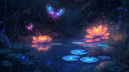 Pixel art futuristic garden pond with glowing tech-enhanced lily pads and robotic dragonflies