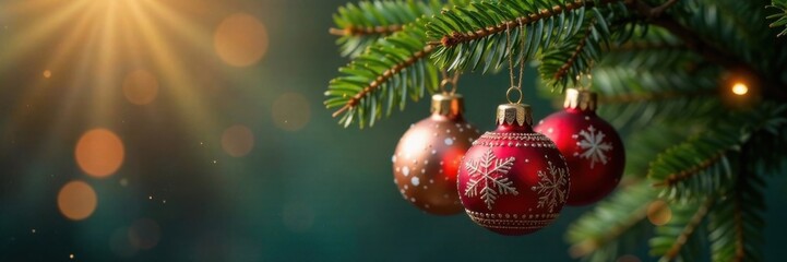 Hanging Christmas ornaments from a wooden tree branch , snowflakes, festive lights