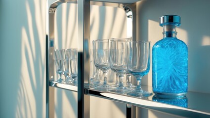 A shelf unit displaying glasses and a drink bottle is positioned near a white wall.