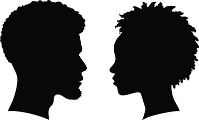 Afro Silhouette African American Man and Woman Profile Facing Each Other Black&White