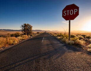 Lonely stretch of road with a stop sign in a vast desert landscape during golden hour