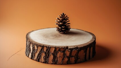 Wood podium from a saw cut tree placed on an orange background featuring a pine cone subject. Minimalist composition in anime style.