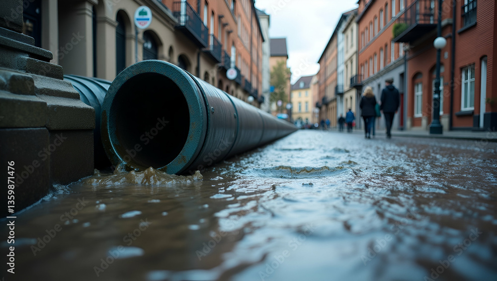 Poster flooded street scene with large pipe: urban infrastructure challenges and water management issues in