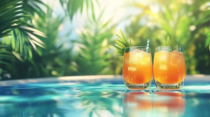 Tropical cocktail with lemon slice by a pool with palm trees in the background offers a refreshing escape	

