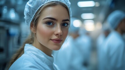 A woman, wearing a hairnet and white uniform, is focused on her tasks in a busy logistics center filled with workers organizing storage and managing inventory efficiently.