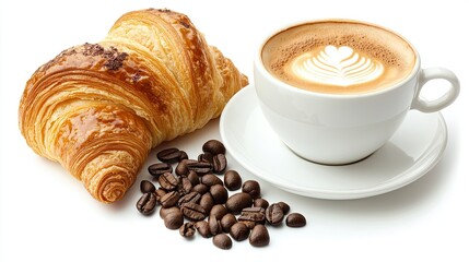 Savor a rich cappuccino paired with a warm chocolate croissant, perfect for breakfast or brunch enjoyment on a pristine white background