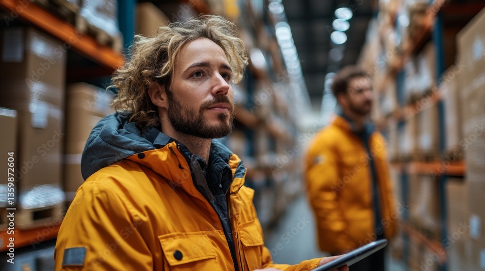 Aufkleber Two workers in orange jackets monitor inventory levels and ensure efficient distribution processes in a busy logistics warehouse filled with packages and materials.