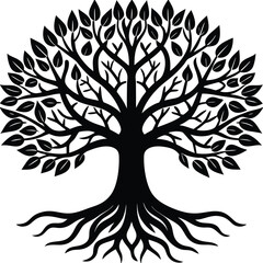 Black Silhouette Tree with Branches, Roots, and Leaves Isolated Tree Symbol